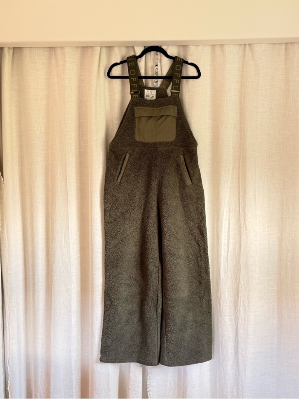 Aerie OFFLINE Fleece Overalls Olive Green Cozy Bib Jumpsuit Wide Leg M